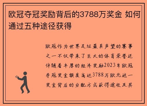 欧冠夺冠奖励背后的3788万奖金 如何通过五种途径获得