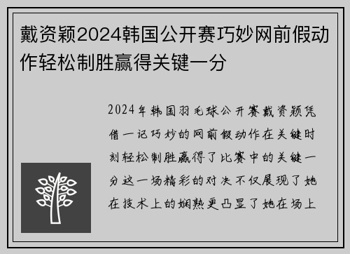 戴资颖2024韩国公开赛巧妙网前假动作轻松制胜赢得关键一分