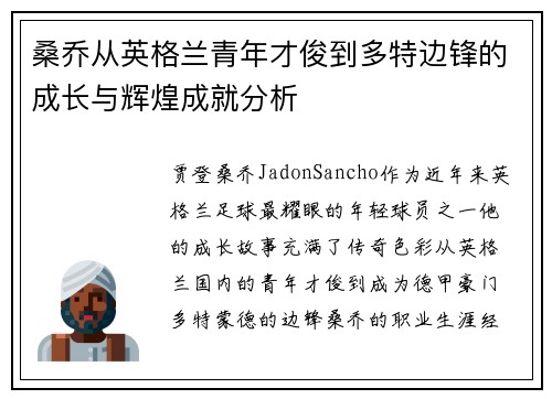 桑乔从英格兰青年才俊到多特边锋的成长与辉煌成就分析